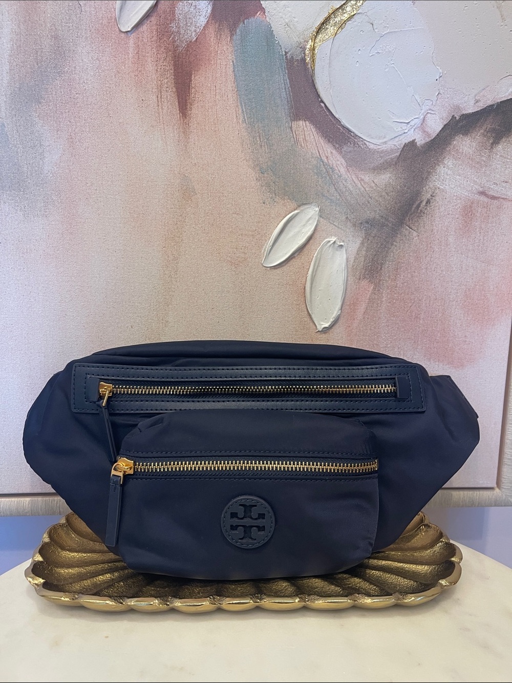 NWOT Tory Burch Navy Nylon Belt Bag with Gold Zippers